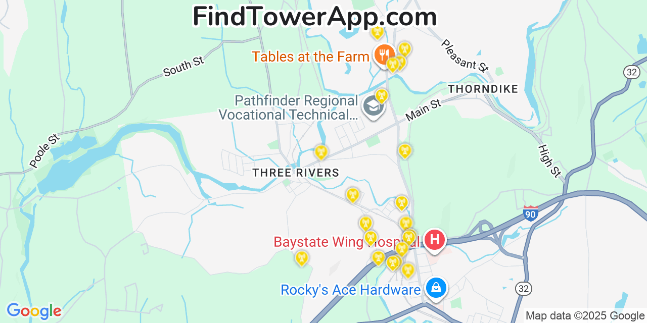Map showing the 20 primary cell tower locations detected in Three Rivers, Massachusetts from AT&T, Verizon, and T-Mobile networks