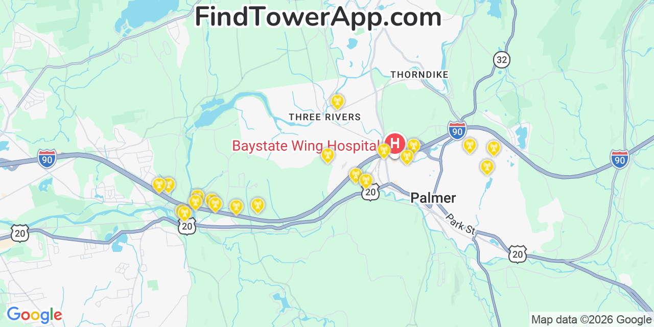 Map showing the 20 primary cell tower locations detected in Three Rivers, Massachusetts from AT&T, Verizon, and T-Mobile networks