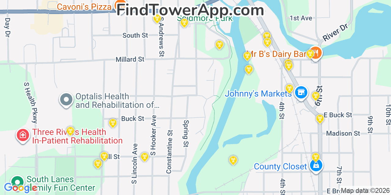 Map showing the 20 primary cell tower locations detected in Three Rivers, Michigan from AT&T, Verizon, and T-Mobile networks
