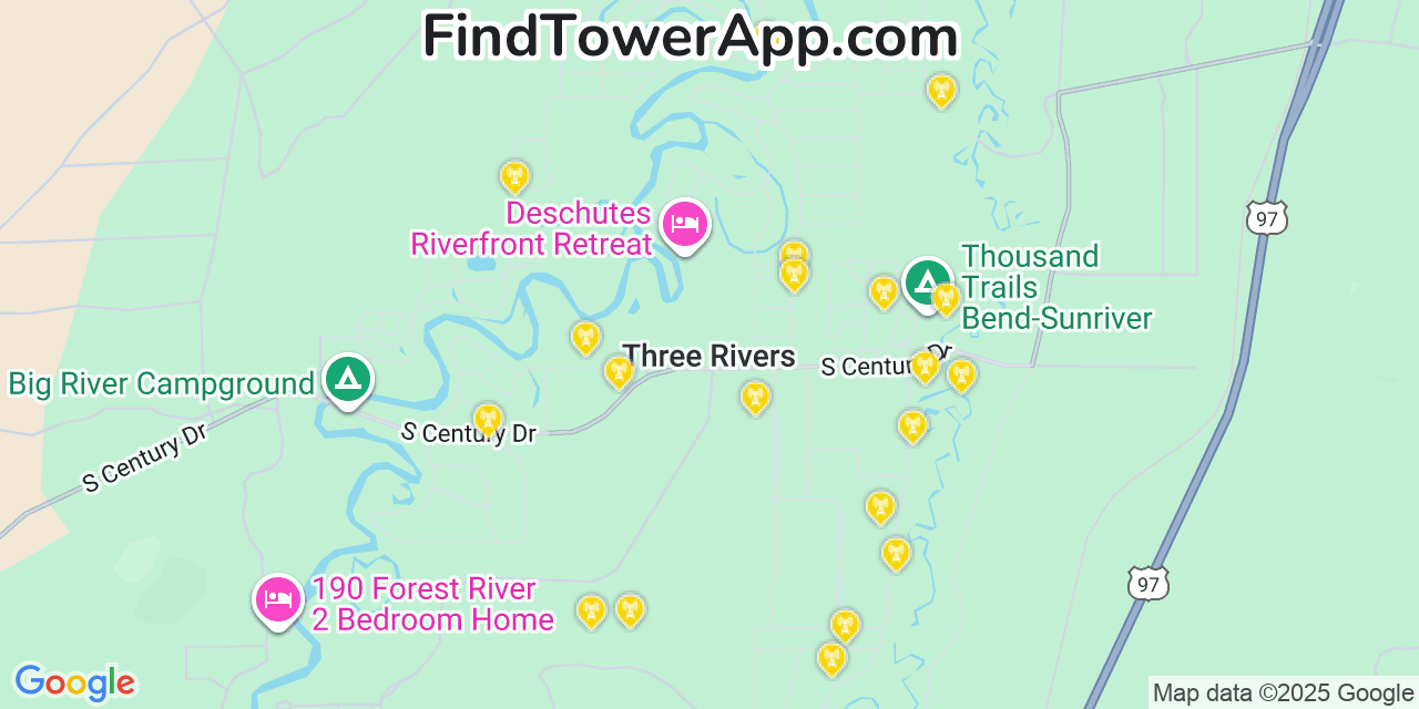Map showing the 20 primary cell tower locations detected in Three Rivers, Oregon from AT&T, Verizon, and T-Mobile networks