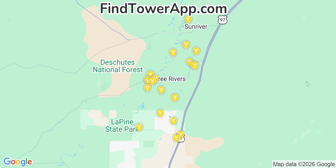 Map showing the 20 primary cell tower locations detected in Three Rivers, Oregon from AT&T, Verizon, and T-Mobile networks
