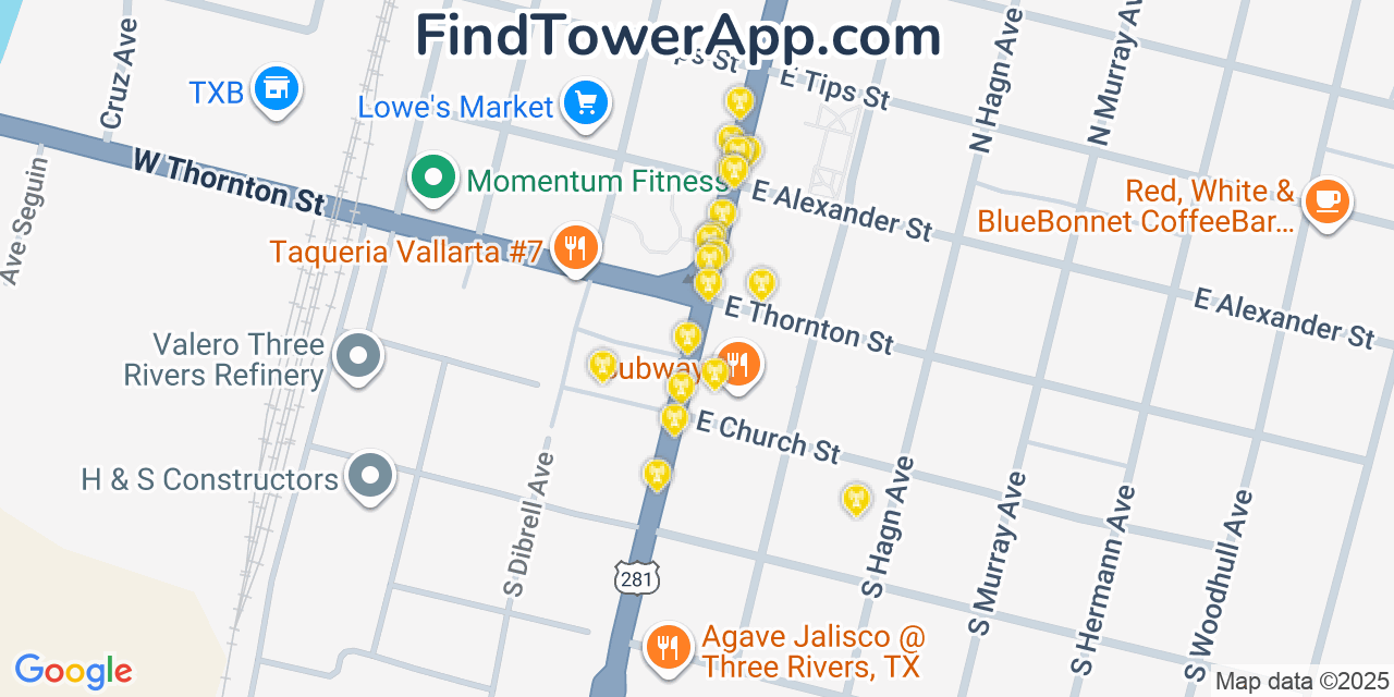 Map showing the 20 primary cell tower locations detected in Three Rivers, Texas from AT&T, Verizon, and T-Mobile networks