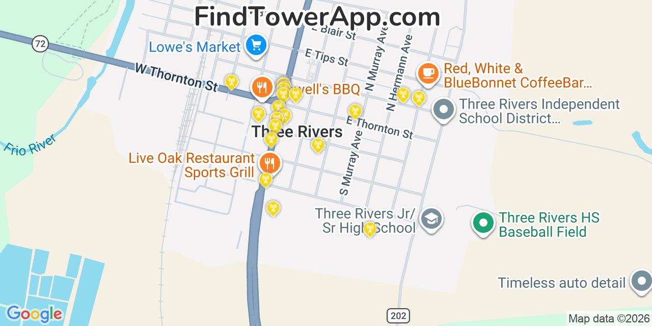 Map showing the 20 primary cell tower locations detected in Three Rivers, Texas from AT&T, Verizon, and T-Mobile networks