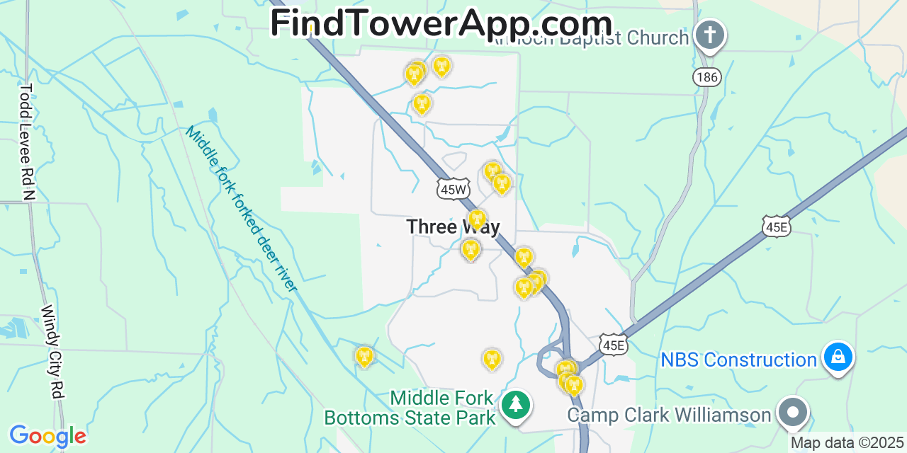 Map showing the 20 primary cell tower locations detected in Three Way, Tennessee from AT&T, Verizon, and T-Mobile networks
