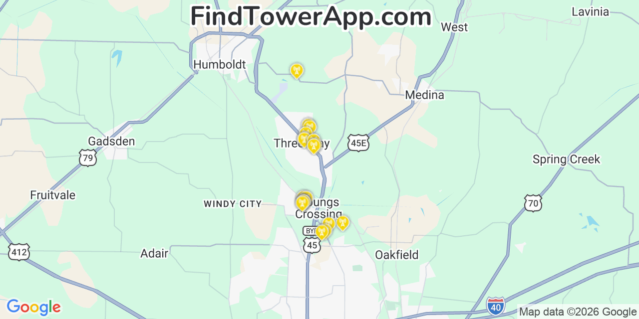 Map showing the 20 primary cell tower locations detected in Three Way, Tennessee from AT&T, Verizon, and T-Mobile networks