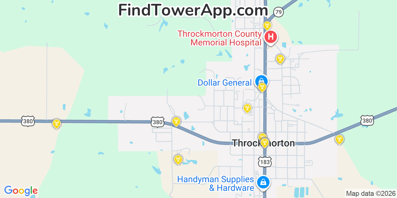 Map showing the 20 primary cell tower locations detected in Throckmorton, Texas from AT&T, Verizon, and T-Mobile networks