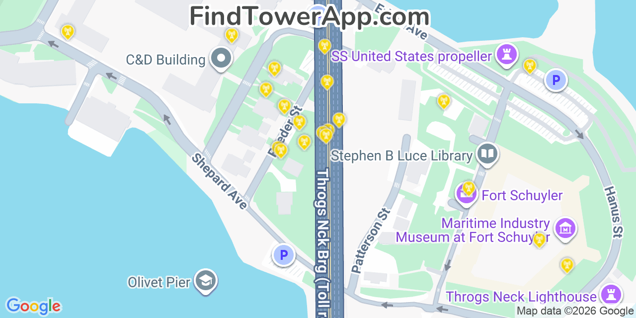 Map showing the 20 primary cell tower locations detected in Throgs Neck, New York from AT&T, Verizon, and T-Mobile networks