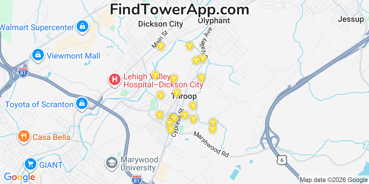 Map showing the 20 primary cell tower locations detected in Throop, Pennsylvania from AT&T, Verizon, and T-Mobile networks