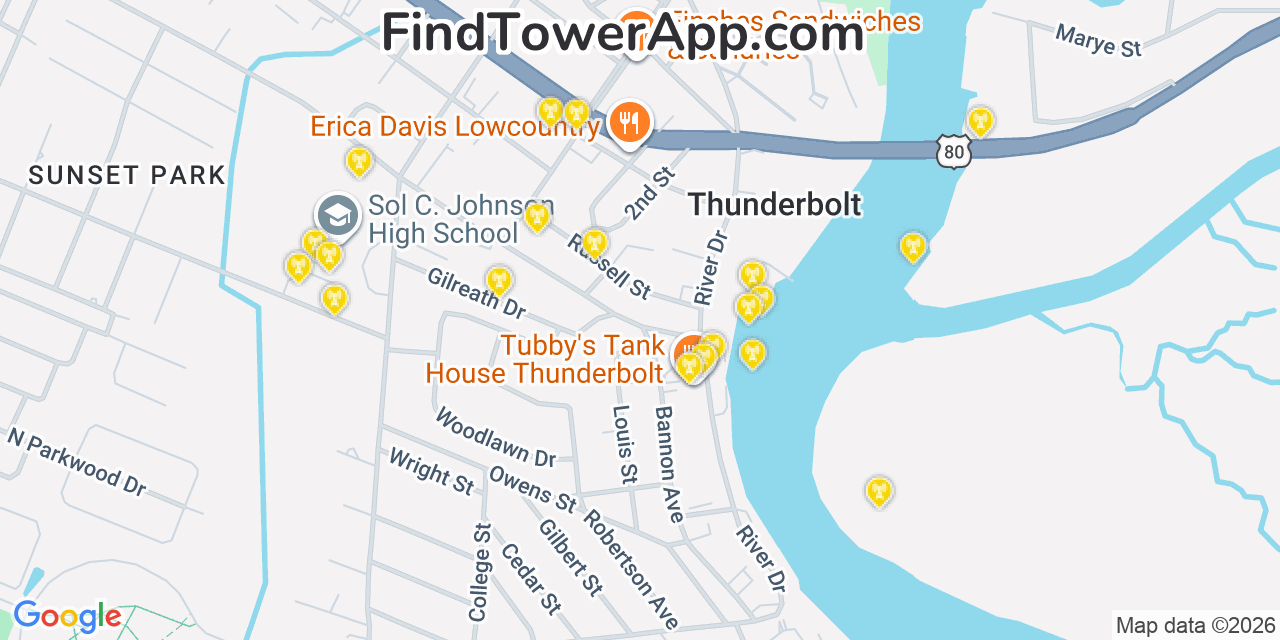 Map showing the 20 primary cell tower locations detected in Thunderbolt, Georgia from AT&T, Verizon, and T-Mobile networks
