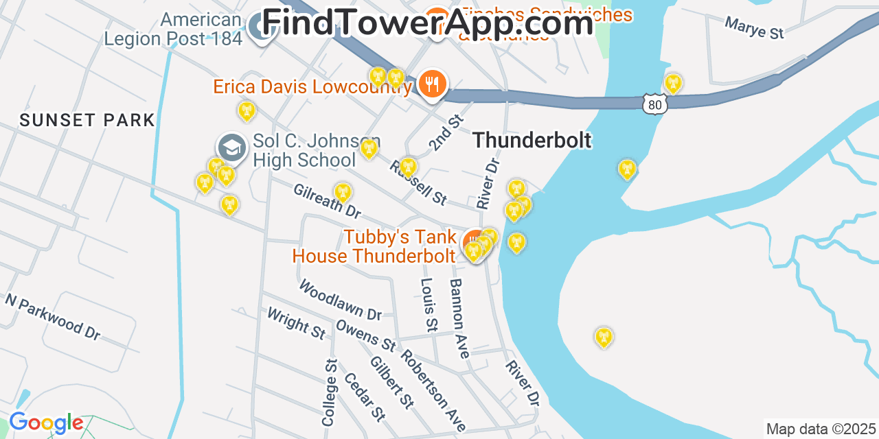 Map showing the 20 primary Mobitel cell tower locations detected in Thunderbolt, Georgia with coverage radius and signal strength indicators