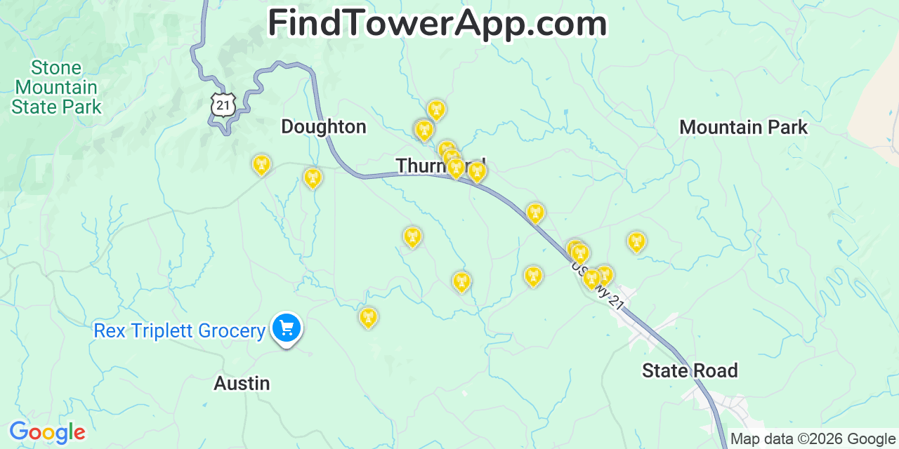 Map showing the 20 primary cell tower locations detected in Thurmond, North Carolina from AT&T, Verizon, and T-Mobile networks