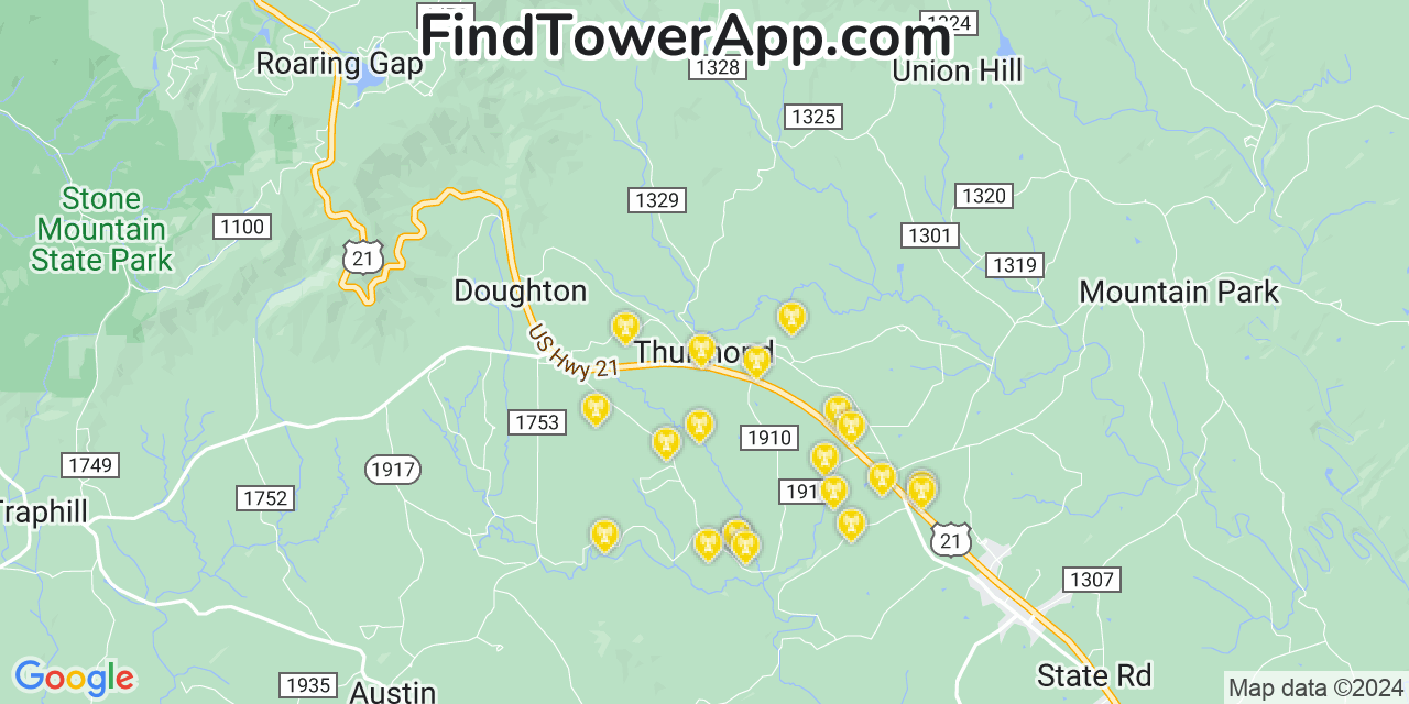 Verizon 4G/5G cell tower coverage map Thurmond, North Carolina