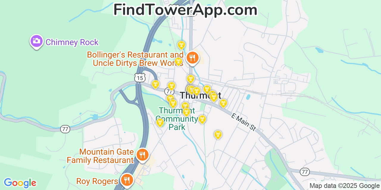 Map showing the 20 primary cell tower locations detected in Thurmont, Maryland from AT&T, Verizon, and T-Mobile networks