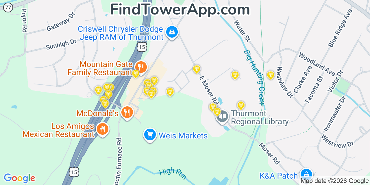 Map showing the 20 primary cell tower locations detected in Thurmont, Maryland from AT&T, Verizon, and T-Mobile networks