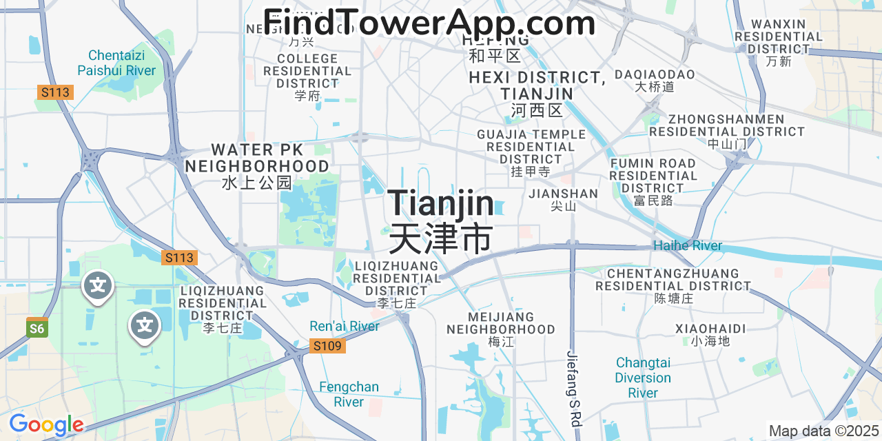 Map showing the 0 primary China-Mobile cell tower locations detected in Tianjin, China with coverage radius and signal strength indicators