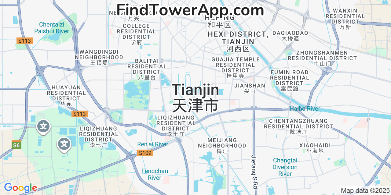 Map showing the 0 primary China-Unicom cell tower locations detected in Tianjin, China with coverage radius and signal strength indicators