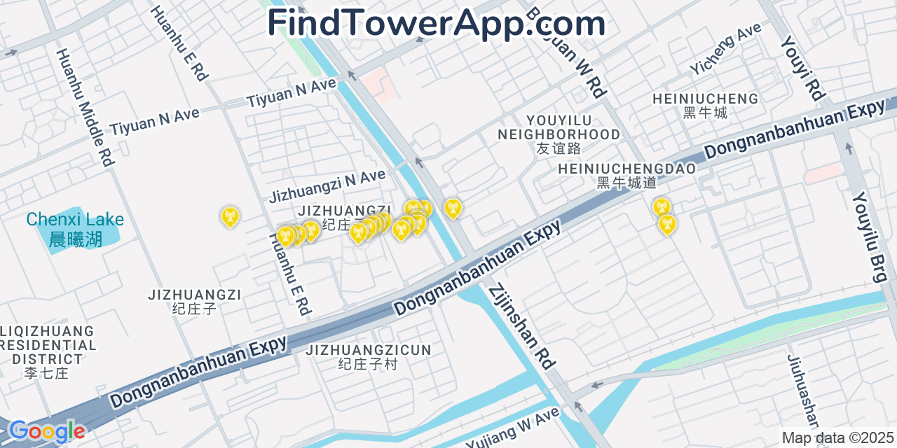 Map showing the 20 primary cell tower locations detected in Tianjin, China with coverage areas and signal strength