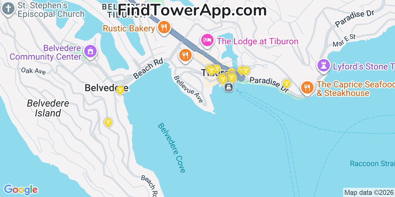 Map showing the 20 primary cell tower locations detected in Tiburon, California from AT&T, Verizon, and T-Mobile networks