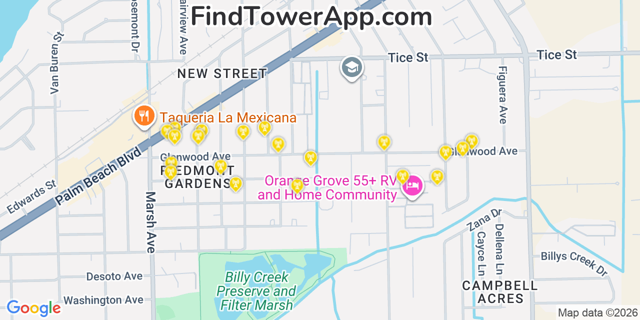 Map showing the 20 primary cell tower locations detected in Tice, Florida from AT&T, Verizon, and T-Mobile networks