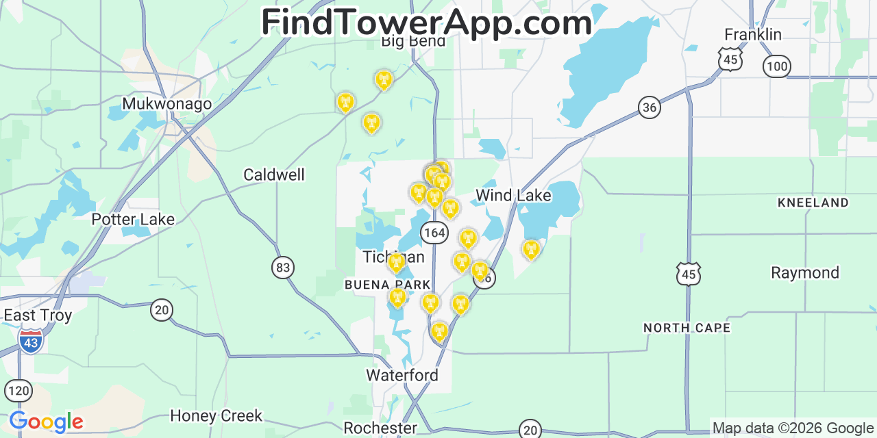 Map showing the 20 primary cell tower locations detected in Tichigan, Wisconsin from AT&T, Verizon, and T-Mobile networks