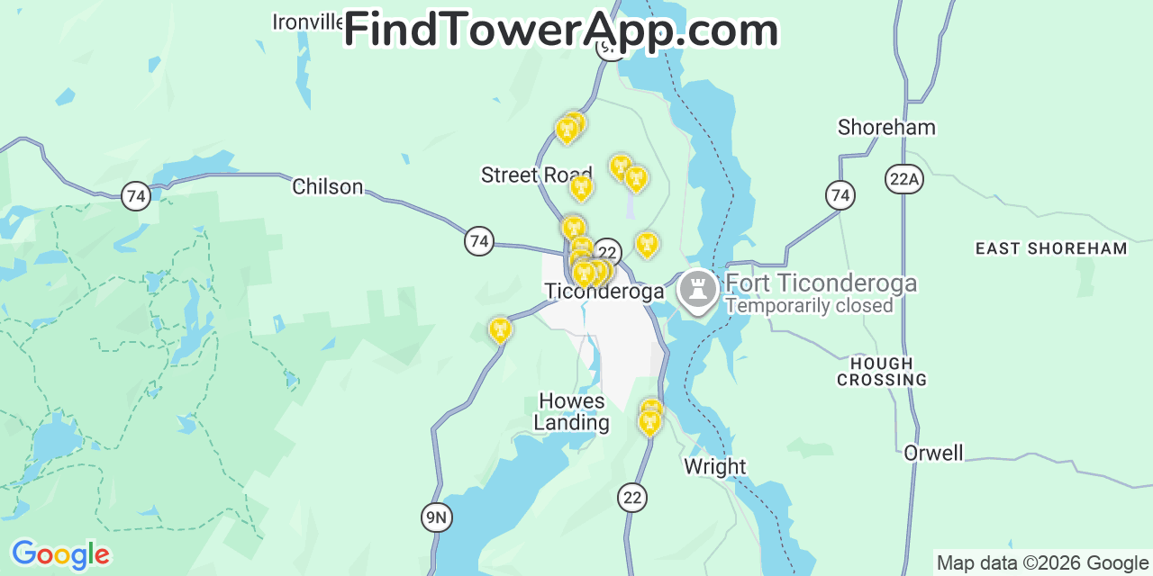 Map showing the 20 primary cell tower locations detected in Ticonderoga, New York from AT&T, Verizon, and T-Mobile networks