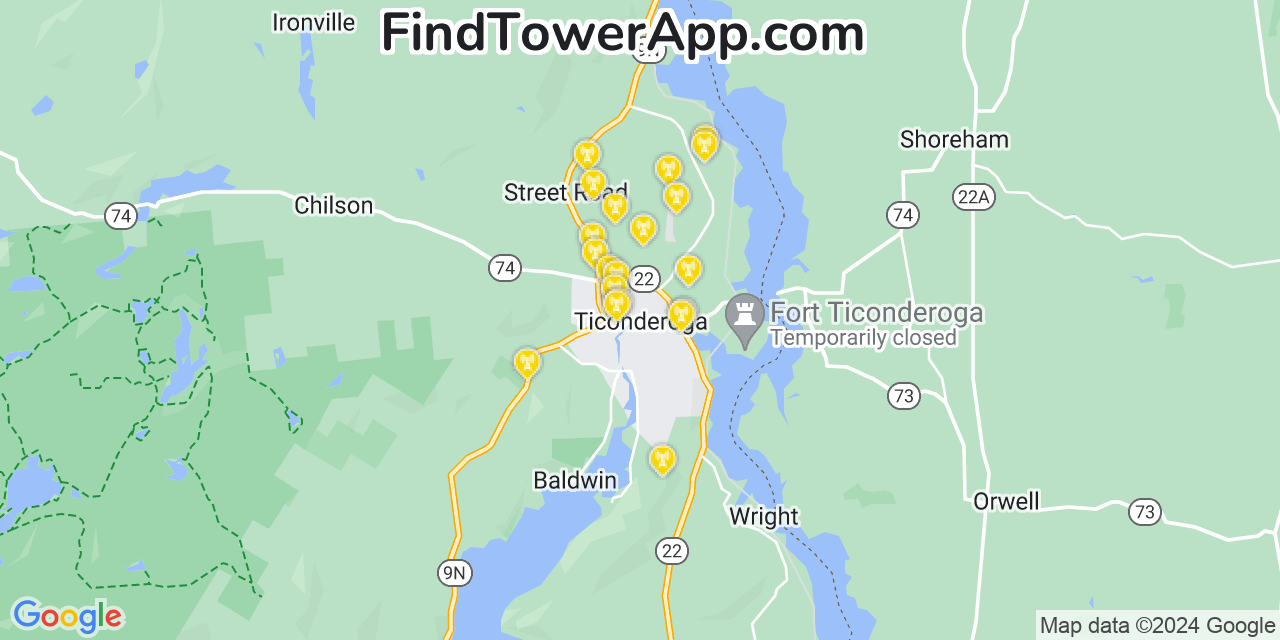 Verizon 4G/5G cell tower coverage map Ticonderoga, New York