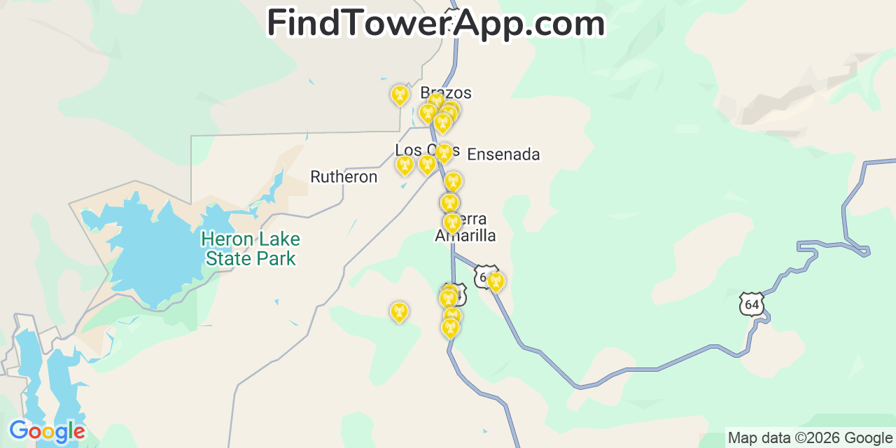 Map showing the 20 primary cell tower locations detected in Tierra Amarilla, New Mexico from AT&T, Verizon, and T-Mobile networks