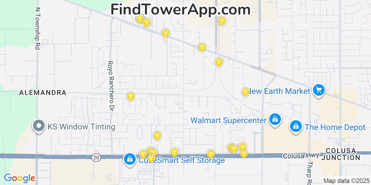 Map showing the 20 primary cell tower locations detected in Tierra Buena, California from AT&T, Verizon, and T-Mobile networks