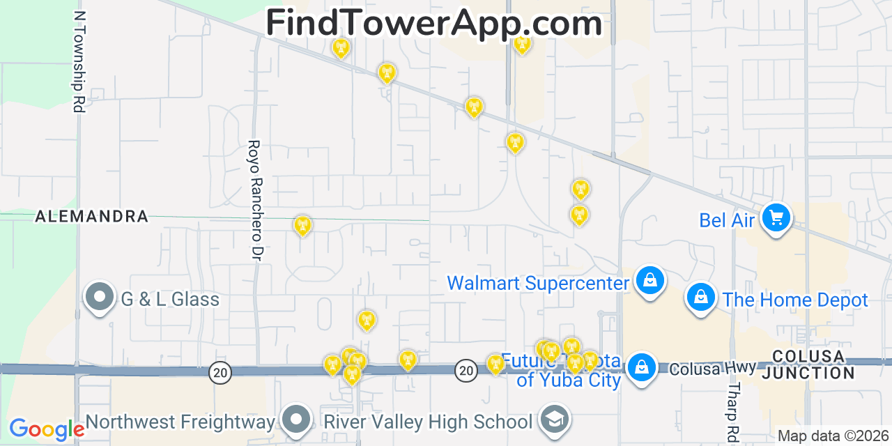 Map showing the 20 primary cell tower locations detected in Tierra Buena, California from AT&T, Verizon, and T-Mobile networks