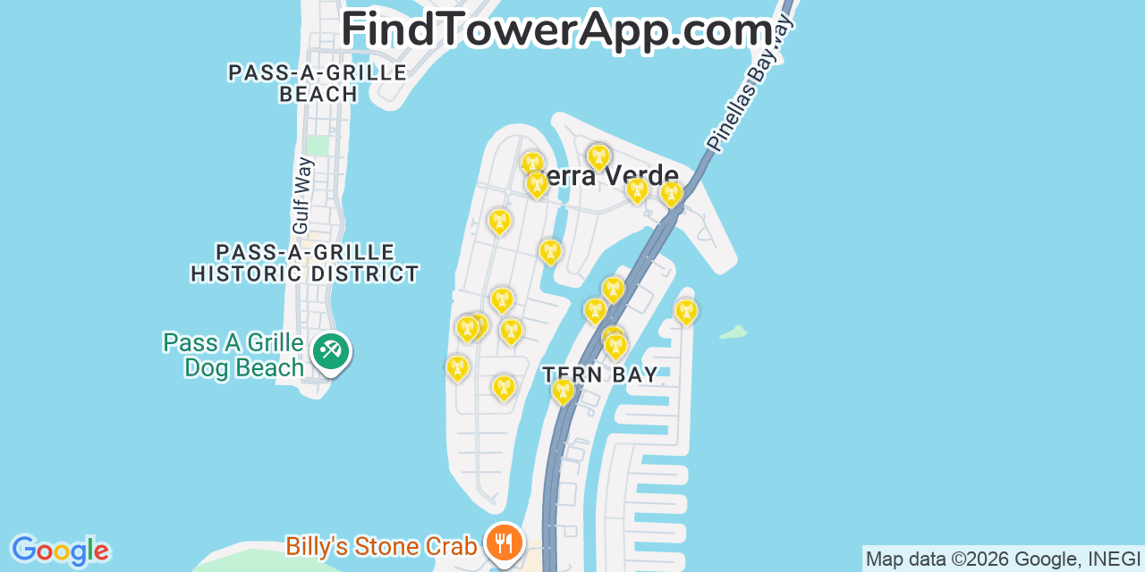 Map showing the 20 primary cell tower locations detected in Tierra Verde, Florida from AT&T, Verizon, and T-Mobile networks