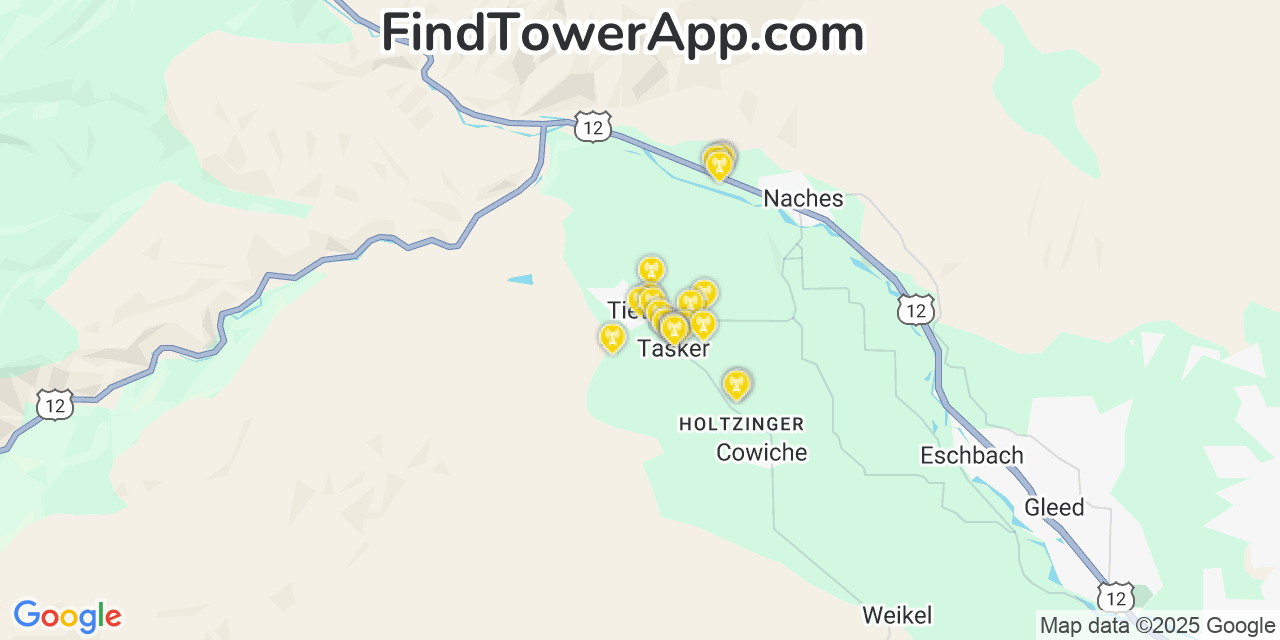 Map showing the 20 primary cell tower locations detected in Tieton, Washington from AT&T, Verizon, and T-Mobile networks