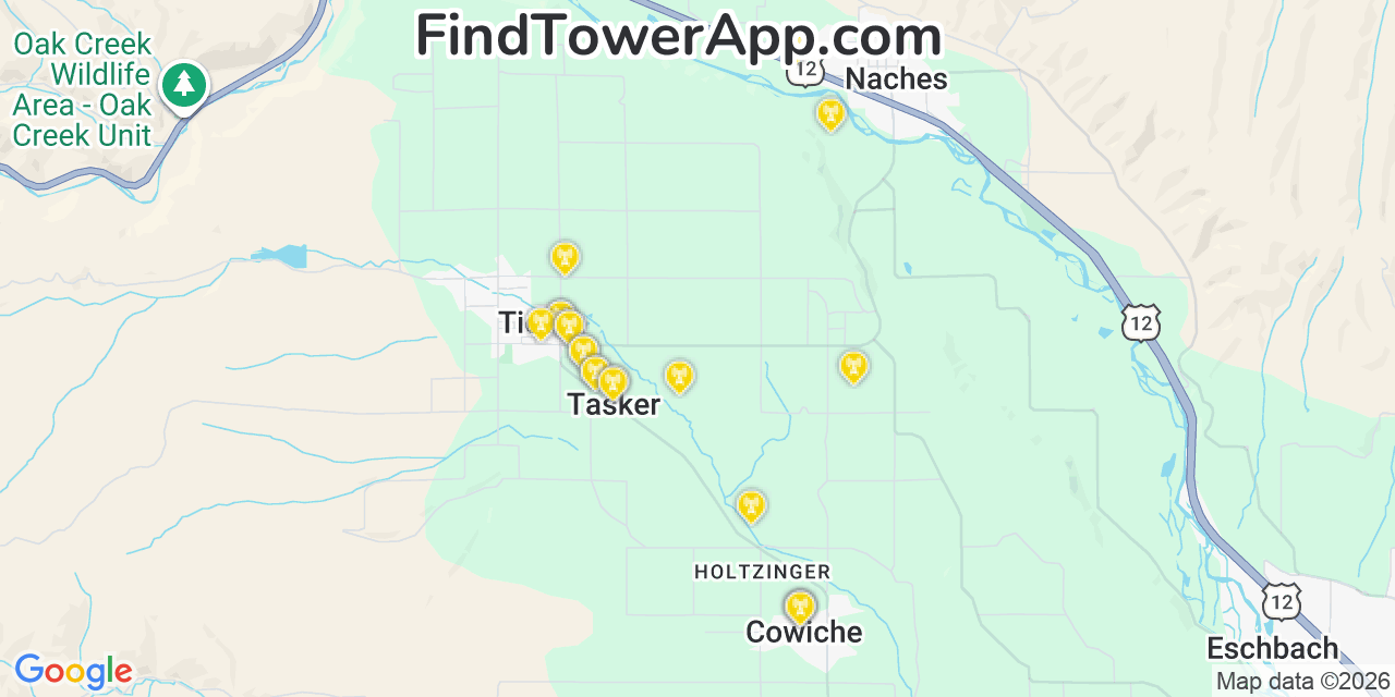 Map showing the 20 primary cell tower locations detected in Tieton, Washington from AT&T, Verizon, and T-Mobile networks