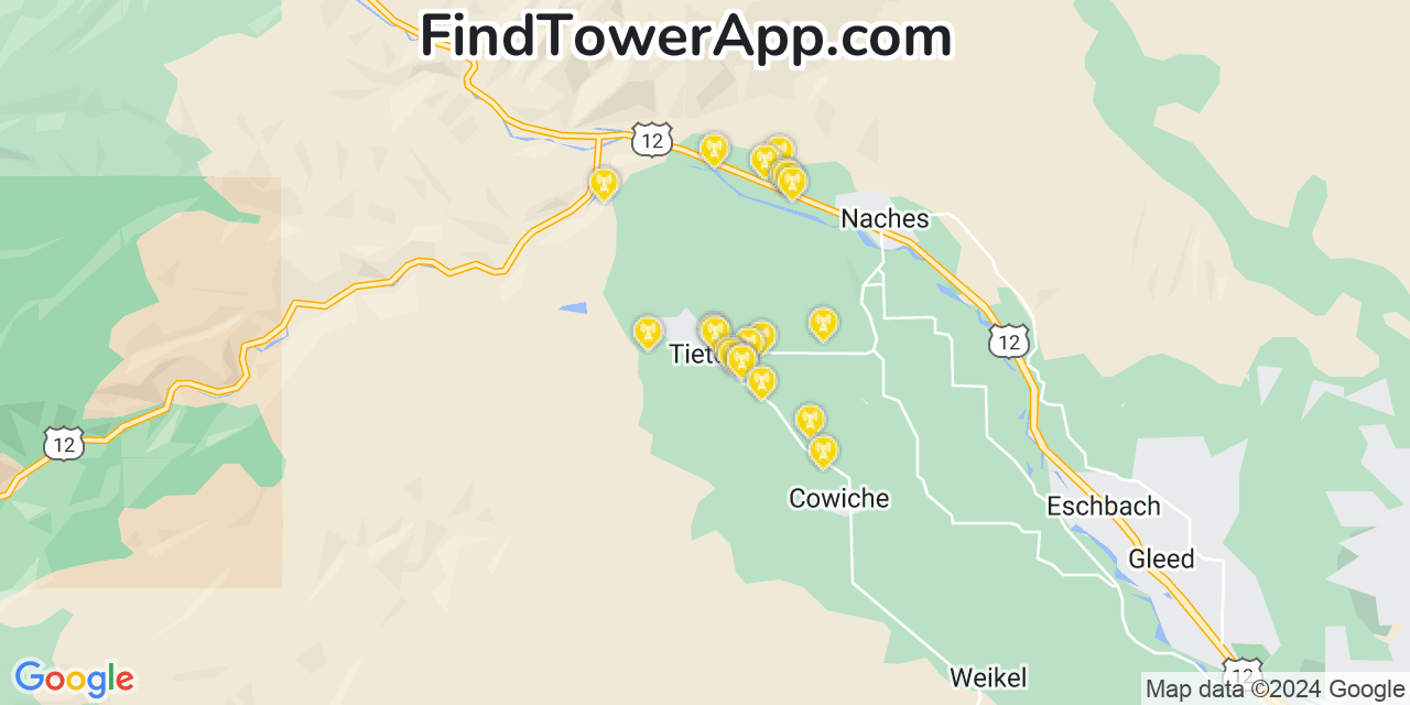 Verizon 4G/5G cell tower coverage map Tieton, Washington