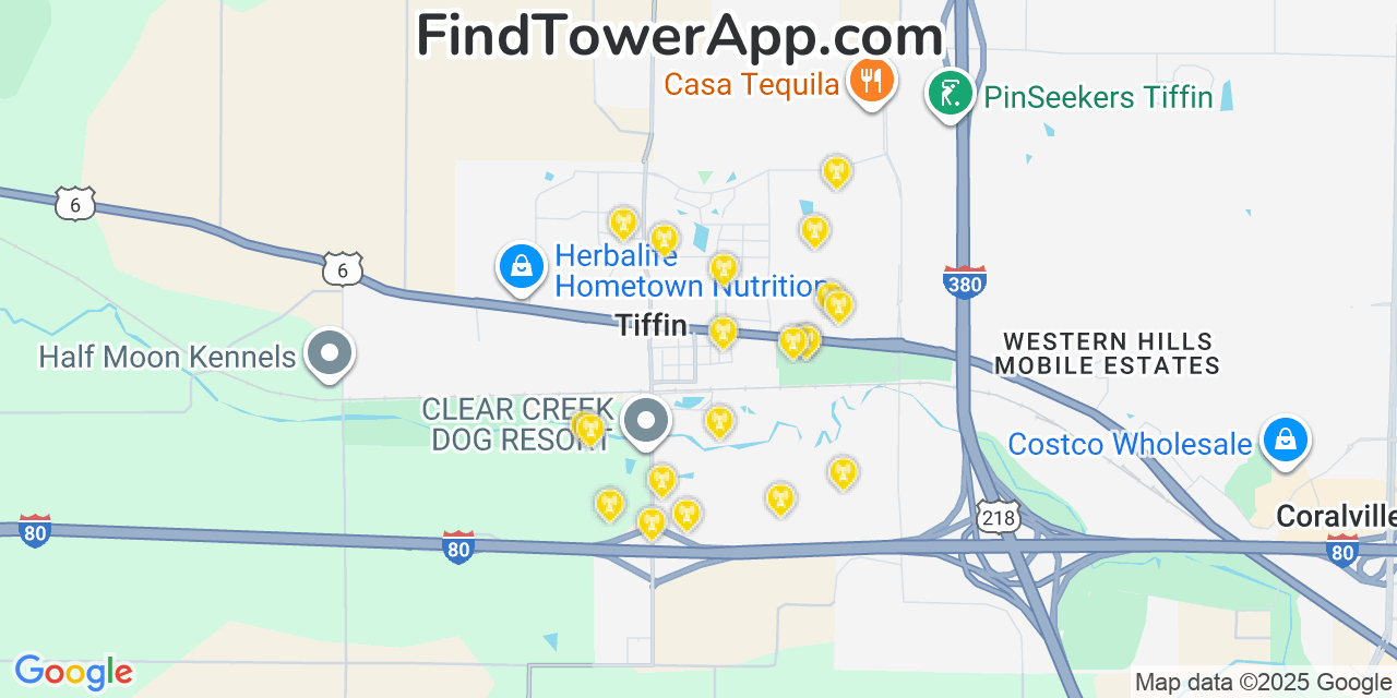Map showing the 20 primary cell tower locations detected in Tiffin, Iowa from AT&T, Verizon, and T-Mobile networks