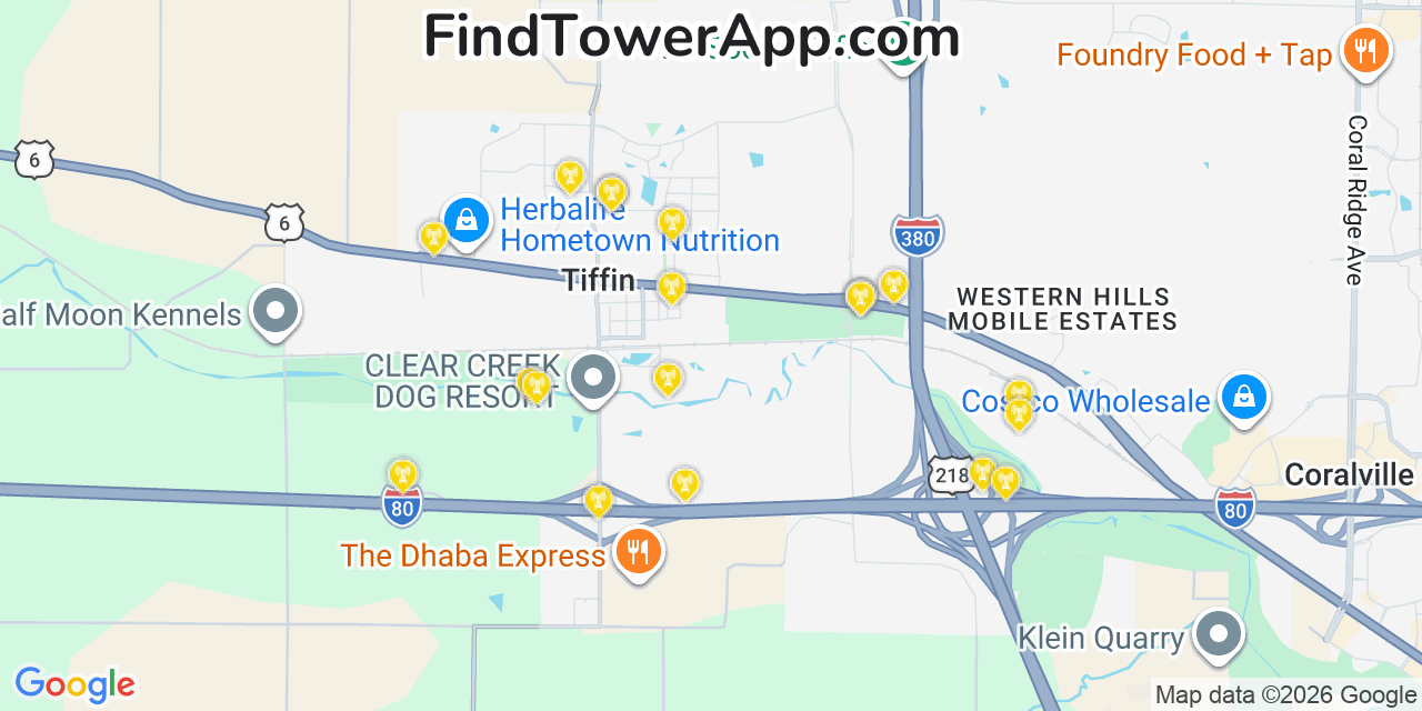 Map showing the 20 primary cell tower locations detected in Tiffin, Iowa from AT&T, Verizon, and T-Mobile networks