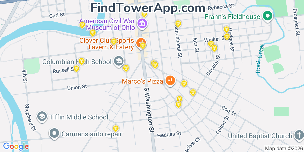 Map showing the 20 primary cell tower locations detected in Tiffin, Ohio from AT&T, Verizon, and T-Mobile networks