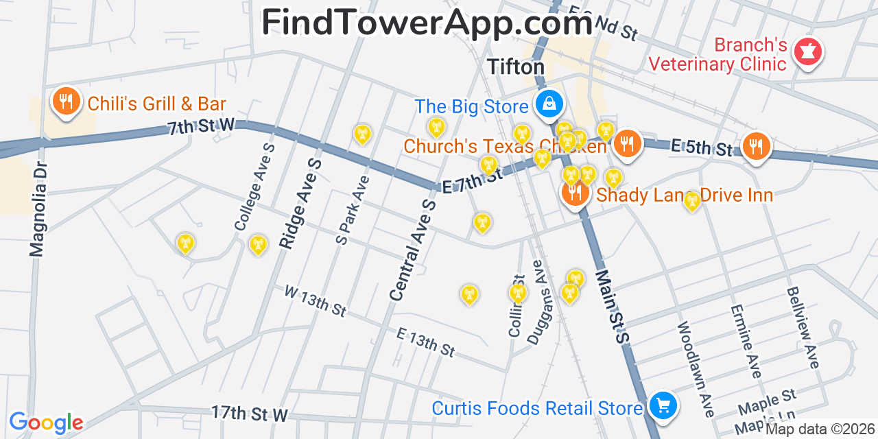Map showing the 20 primary cell tower locations detected in Tifton, Georgia from AT&T, Verizon, and T-Mobile networks