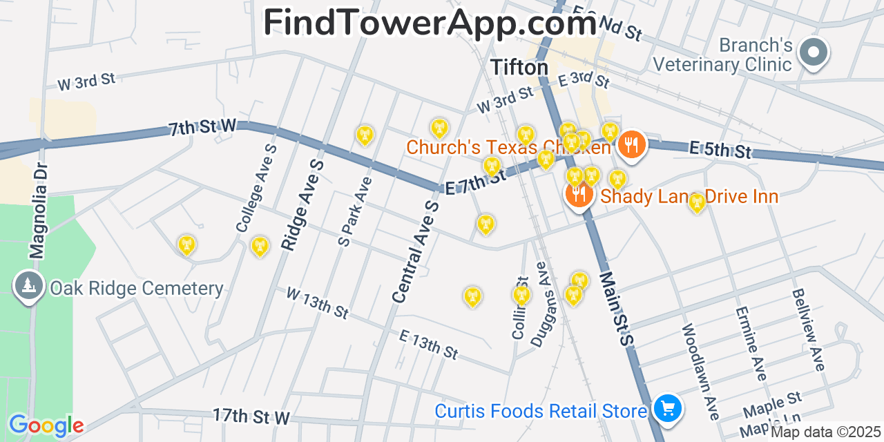 Map showing the 20 primary Mobitel cell tower locations detected in Tifton, Georgia with coverage radius and signal strength indicators