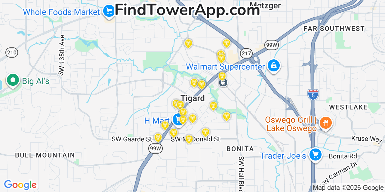 Map showing the 20 primary cell tower locations detected in Tigard, Oregon from AT&T, Verizon, and T-Mobile networks