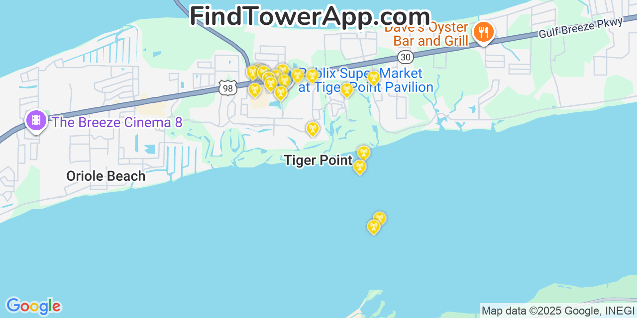 Map showing the 20 primary cell tower locations detected in Tiger Point, Florida from AT&T, Verizon, and T-Mobile networks