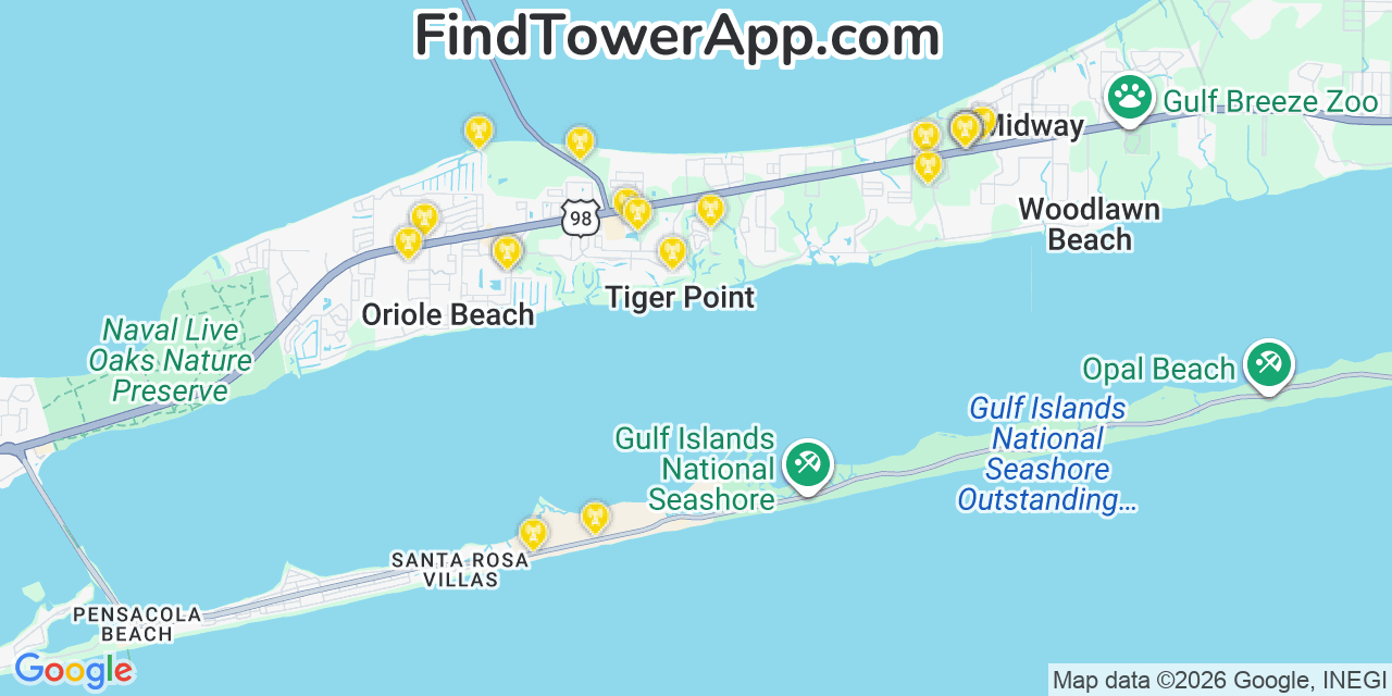 Map showing the 20 primary cell tower locations detected in Tiger Point, Florida from AT&T, Verizon, and T-Mobile networks