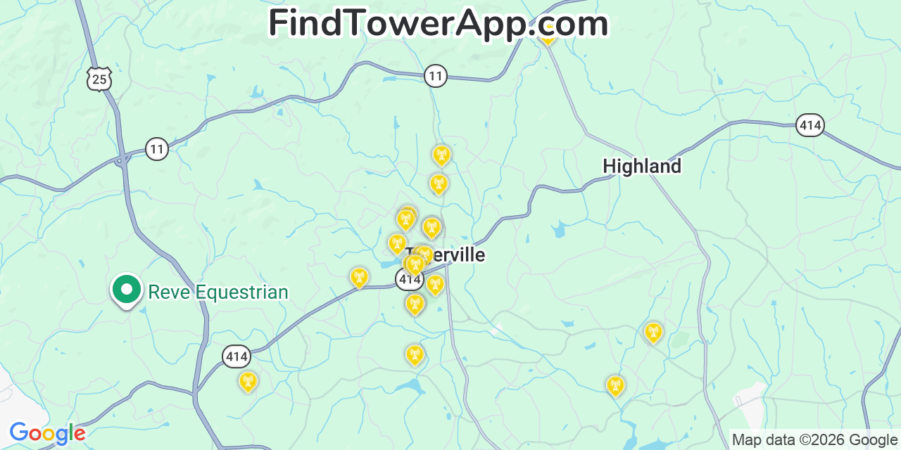 Map showing the 20 primary cell tower locations detected in Tigerville, South Carolina from AT&T, Verizon, and T-Mobile networks