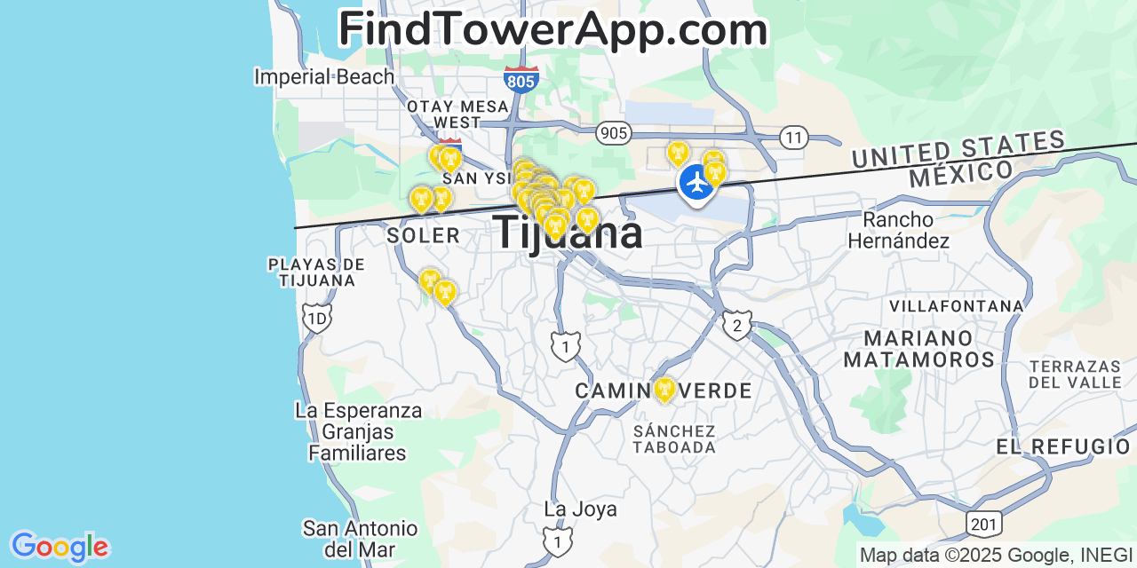 Map showing the 36 primary AT&T cell tower locations detected in Tijuana, Mexico with coverage radius and signal strength indicators