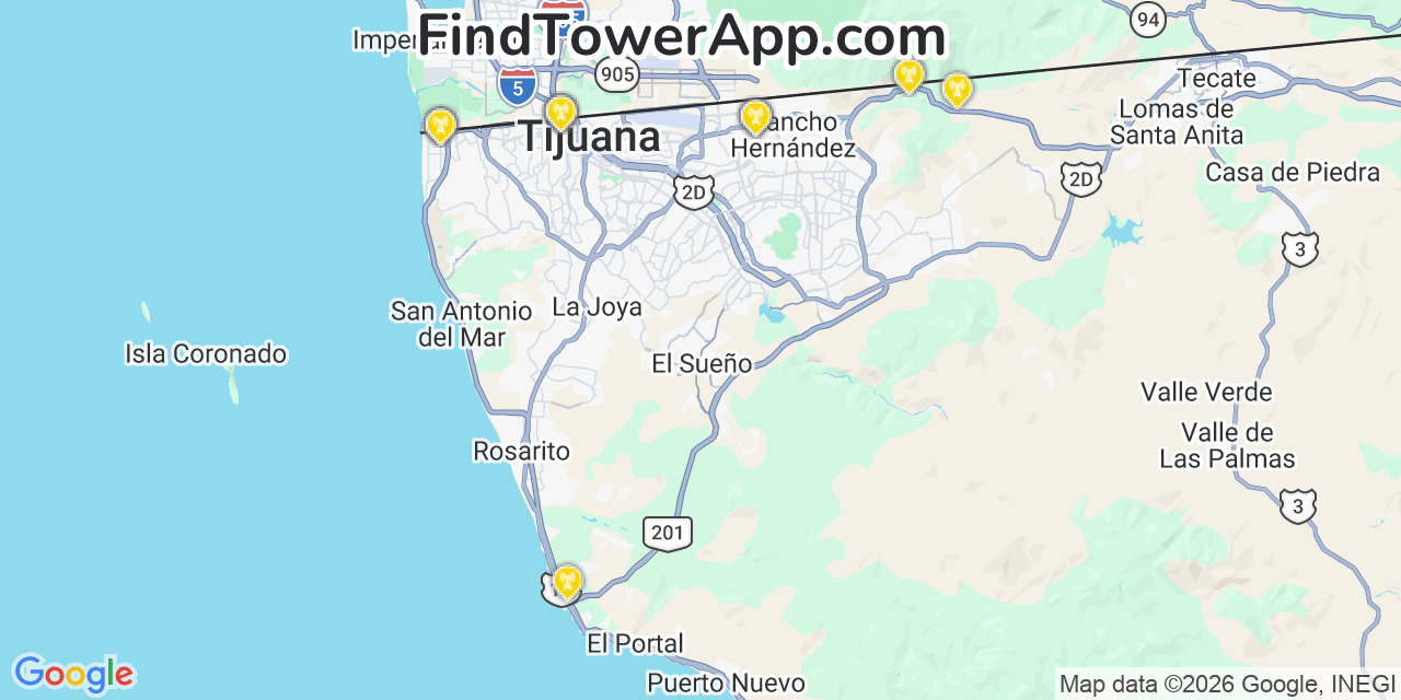 Map showing the 23 primary Altan Redes cell tower locations in Tijuana, Mexico