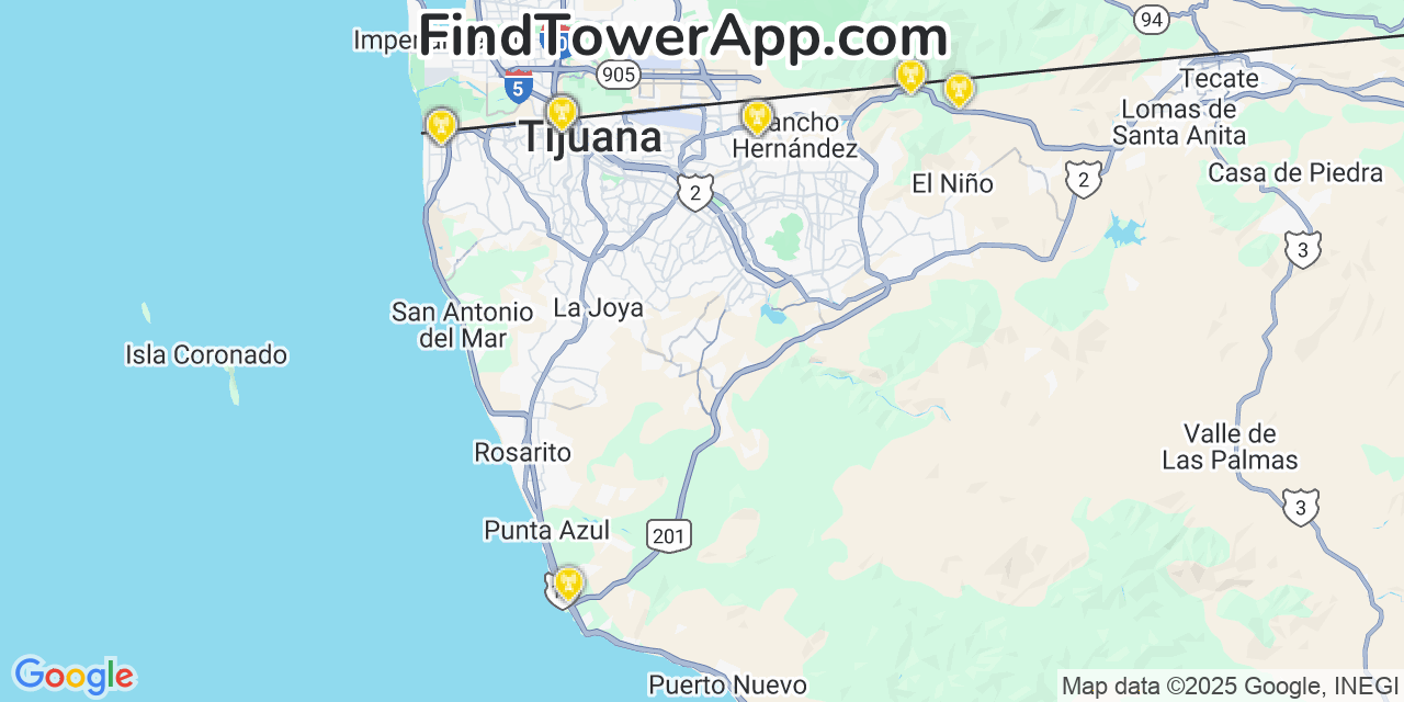 Map showing the 23 primary Altán Redes S.A.P.I. de C.V. cell tower locations in Tijuana, Mexico