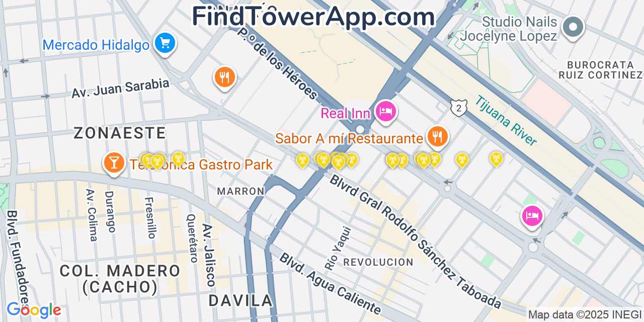Map showing the 20 primary cell tower locations detected in Tijuana, Mexico with coverage areas and signal strength