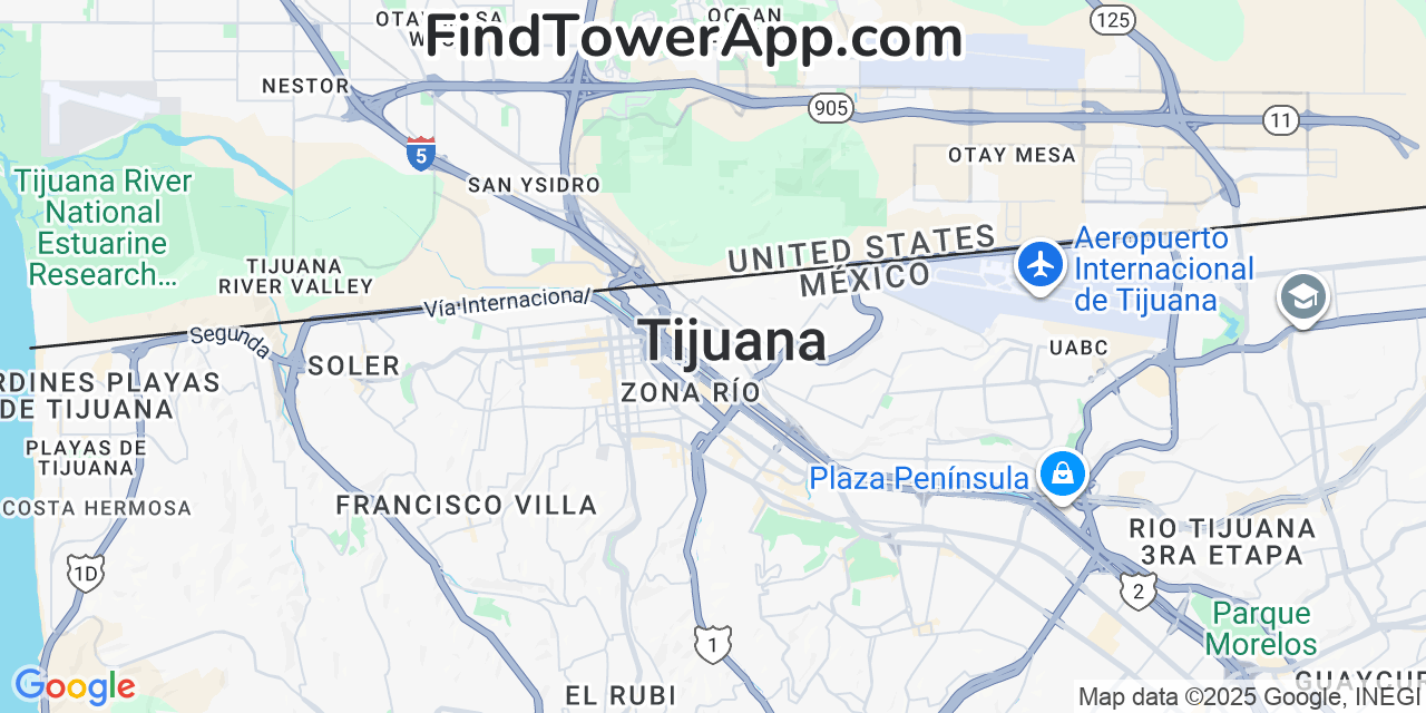 Map showing the 0 primary Movistar cell tower locations detected in Tijuana, Mexico with coverage radius and signal strength indicators