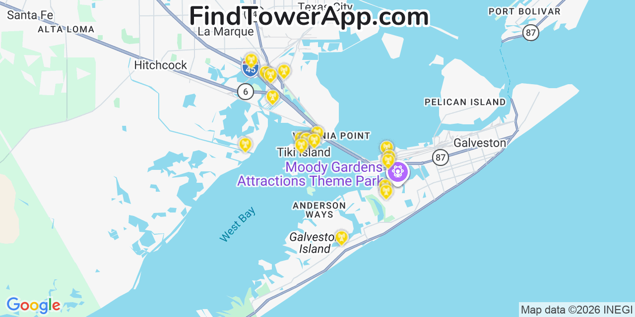 Map showing the 20 primary cell tower locations detected in Tiki Island, Texas from AT&T, Verizon, and T-Mobile networks