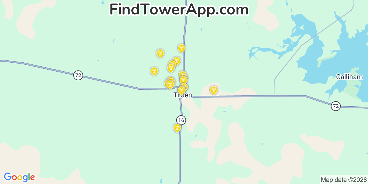 Map showing the 20 primary cell tower locations detected in Tilden, Texas from AT&T, Verizon, and T-Mobile networks