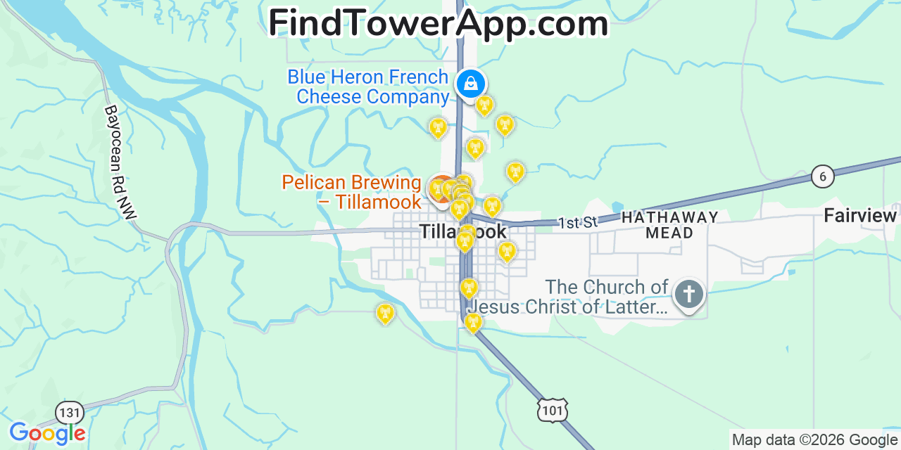 Map showing the 20 primary cell tower locations detected in Tillamook, Oregon from AT&T, Verizon, and T-Mobile networks